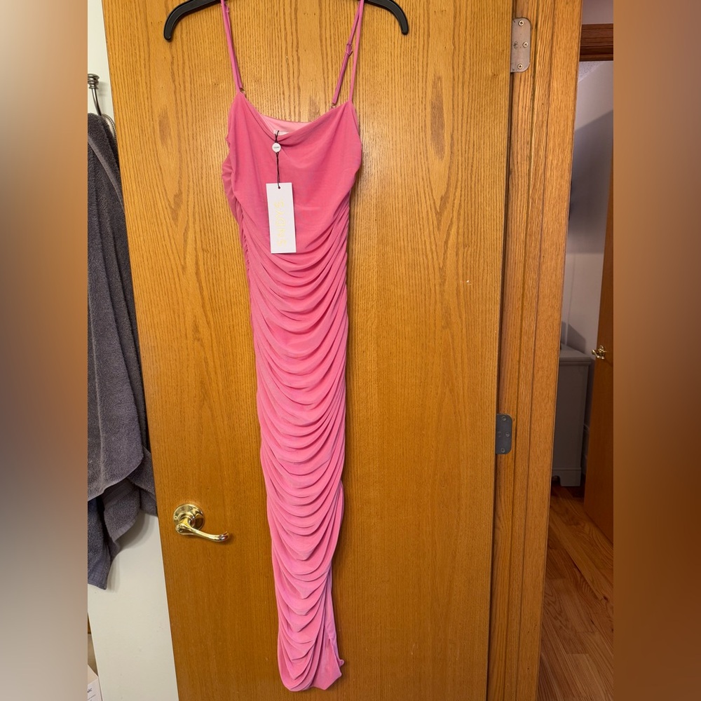SNDYS Pink Ruched Midi Dress